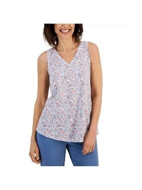 STYLE & CO Women's Printed V-Neck Tank Top White Paisley Floral Size Med…